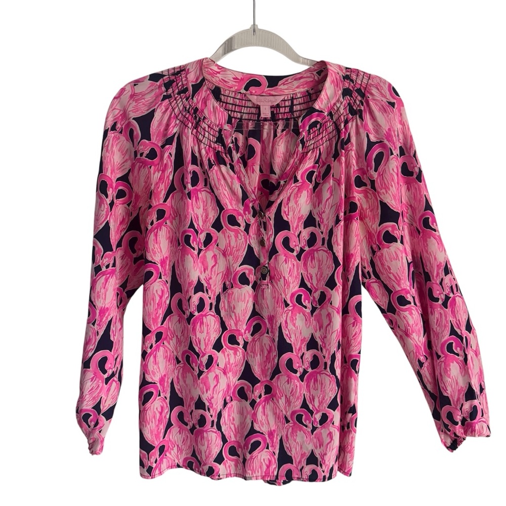 Lily Pulitzer Elsa Silk Top High Tide Navy Vía Amor Sz S Preppy Pink Flamingo